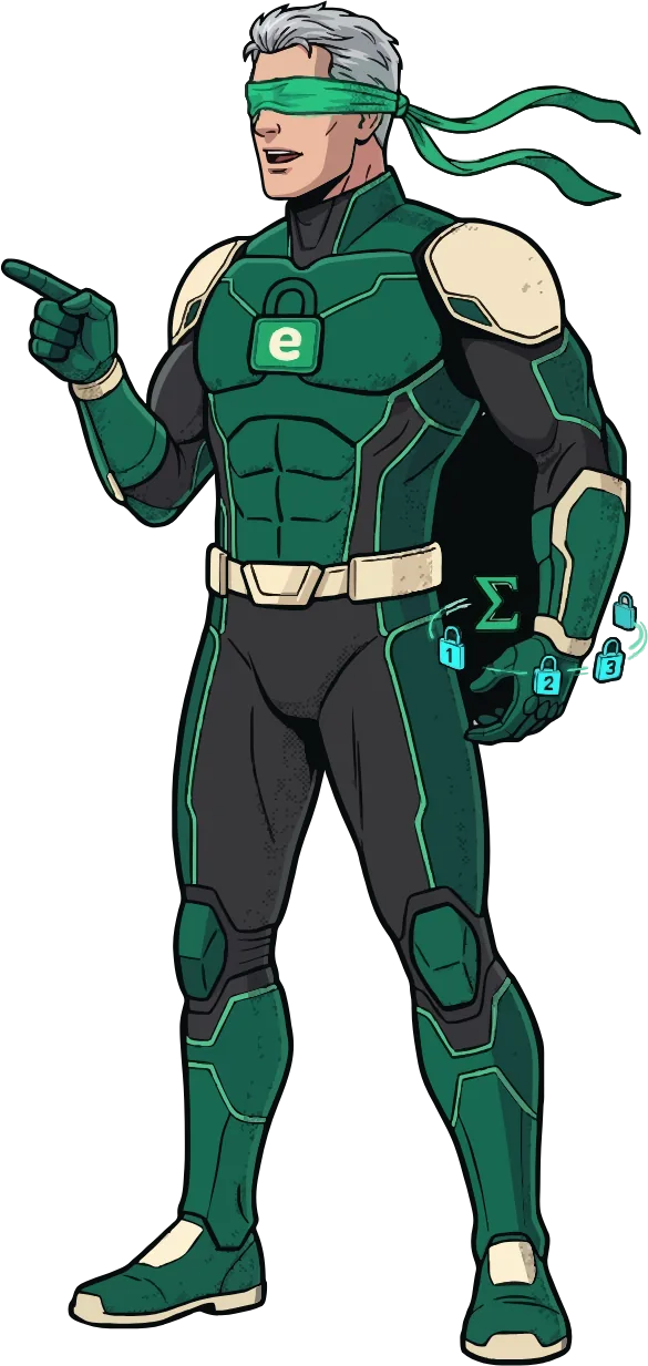 The ePrivacy hero, blindfolded, pointing, with a sum symbol and numbered padlocks glowing at his hand